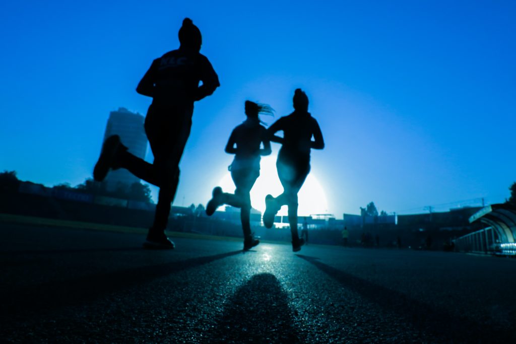 Shadowy figures out for a moonlight run.